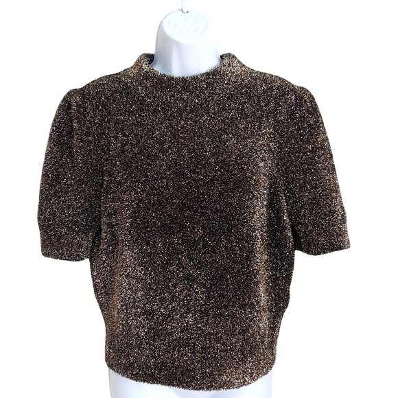 Kate Spade Womens Short Cap Sleeve Sparkly Glitter Mock Neck Top M - Picture 1 of 9